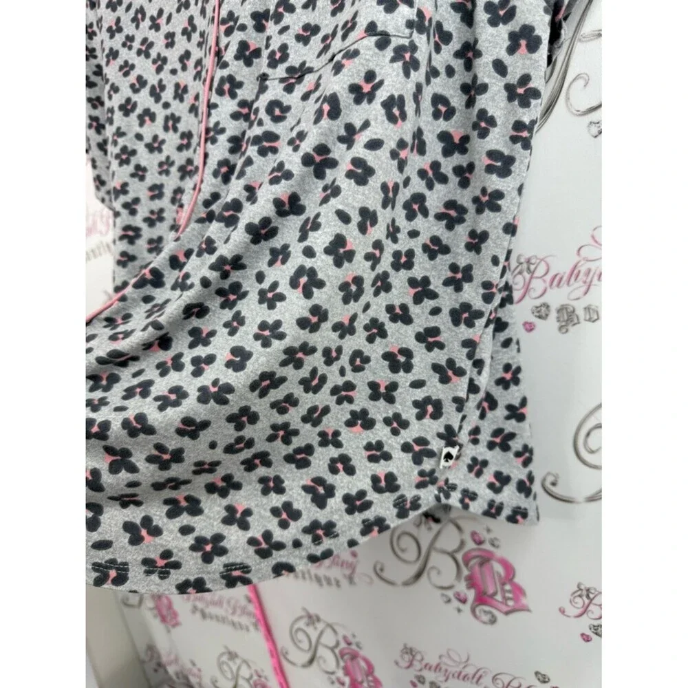 kate spade tee Gray Short Sleeve Button-Up Top with Black and Pink Floral Print